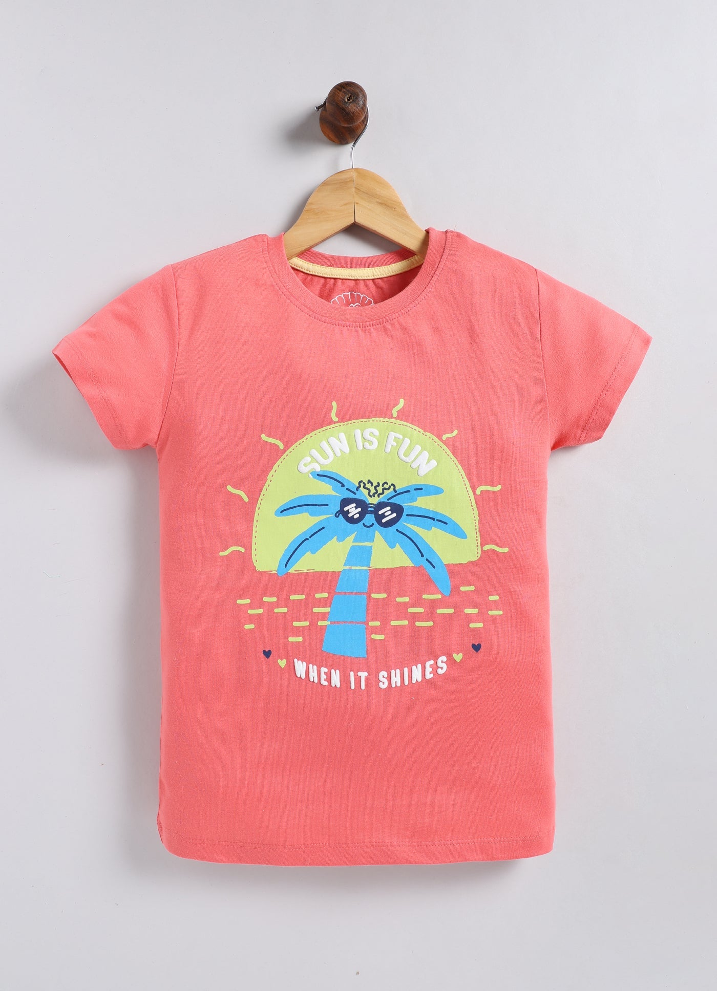 Sun is fun when it shines Printed Cotton T-Shirt for Girls - Peach - ParrotCrow
