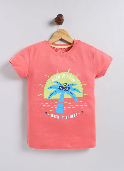 Sun is fun when it shines Printed Cotton T-Shirt for Girls - Peach - ParrotCrow