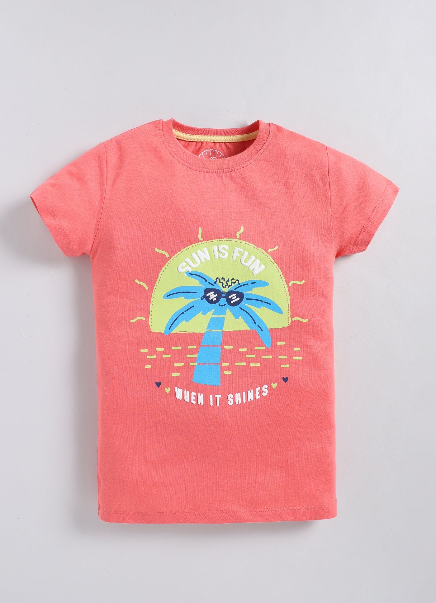 Sun is fun when it shines Printed Cotton T-Shirt for Girls - Peach - ParrotCrow