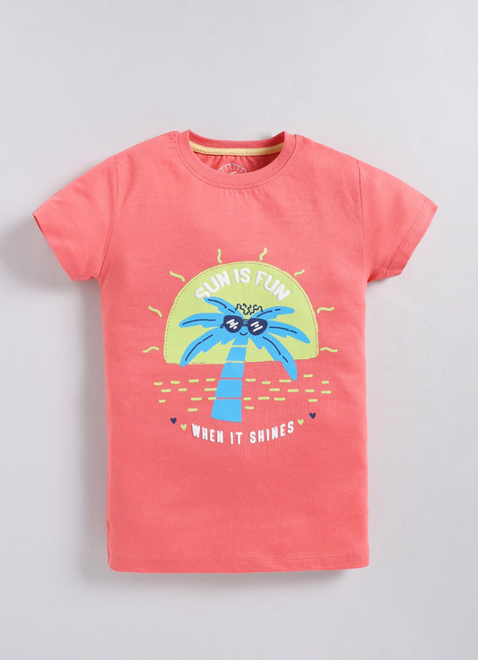 Sun is fun when it shines Printed Cotton T-Shirt for Girls - Peach - ParrotCrow