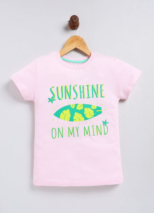 Sunshine On My Mind Print Cotton T-Shirt for Girls - Pink - ParrotCrow
