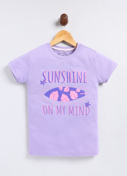 Sunshine On My Mind Print Cotton T-Shirt for Girls - Violet - ParrotCrow