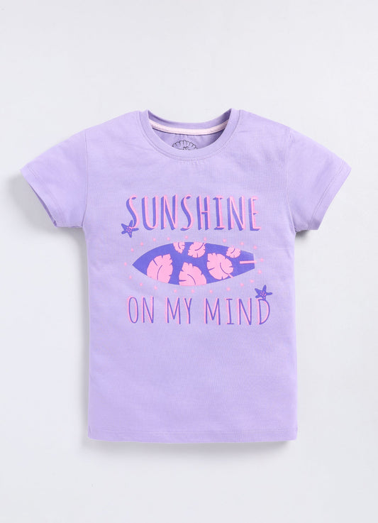 Sunshine On My Mind Print Cotton T-Shirt for Girls - Violet - ParrotCrow