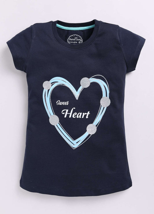 Sweet Heart Text Print Cotton Navy T-Shirt for Girls – Soft & Stylish - ParrotCrow