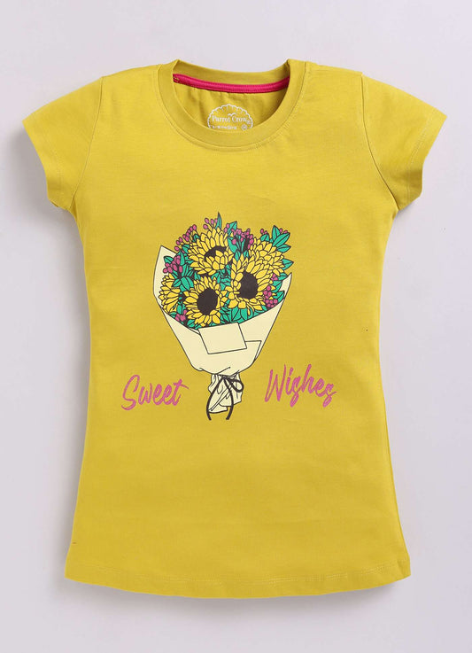 Sweet Wishes Bouquet Print Cotton T-Shirt for Girls - ParrotCrow