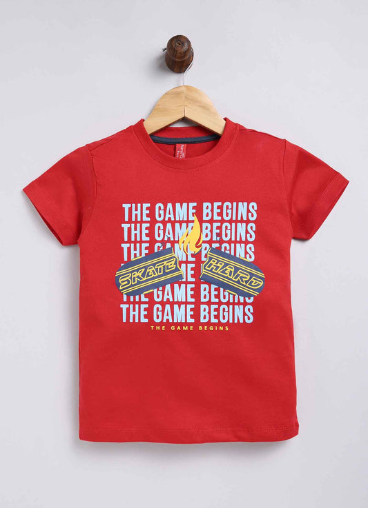 The Game Begins Cotton T Shirt for Boys in Red Color - ParrotCrow