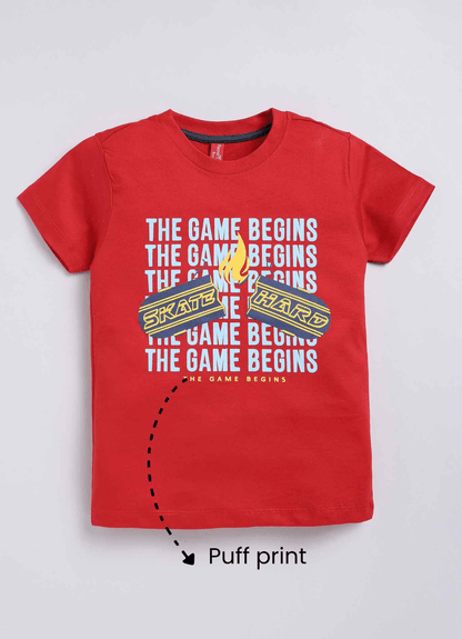 The Game Begins Cotton T Shirt for Boys in Red Color - ParrotCrow
