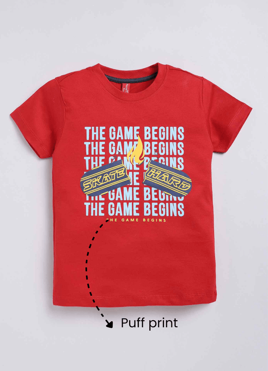 The Game Begins Cotton T Shirt for Boys in Red Color - ParrotCrow
