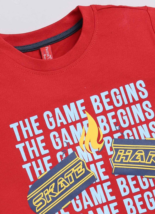 The Game Begins Cotton T Shirt for Boys in Red Color - ParrotCrow