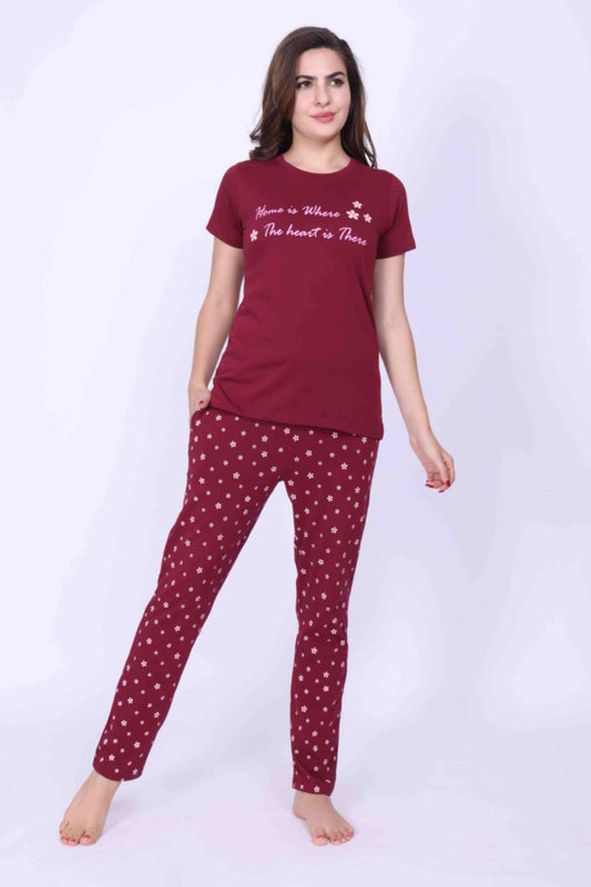 Women Night Dress – Flower Printed Rose Red Top and Matching Pyjama Set - ParrotCrow