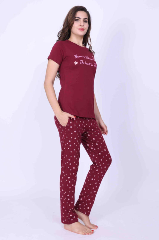 Women Night Dress – Flower Printed Rose Red Top and Matching Pyjama Set - ParrotCrow