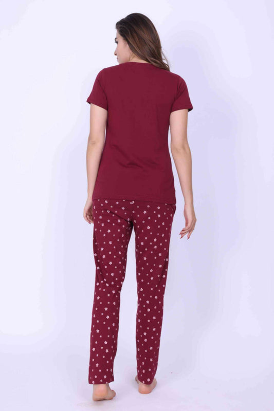 Women Night Dress – Flower Printed Rose Red Top and Matching Pyjama Set - ParrotCrow