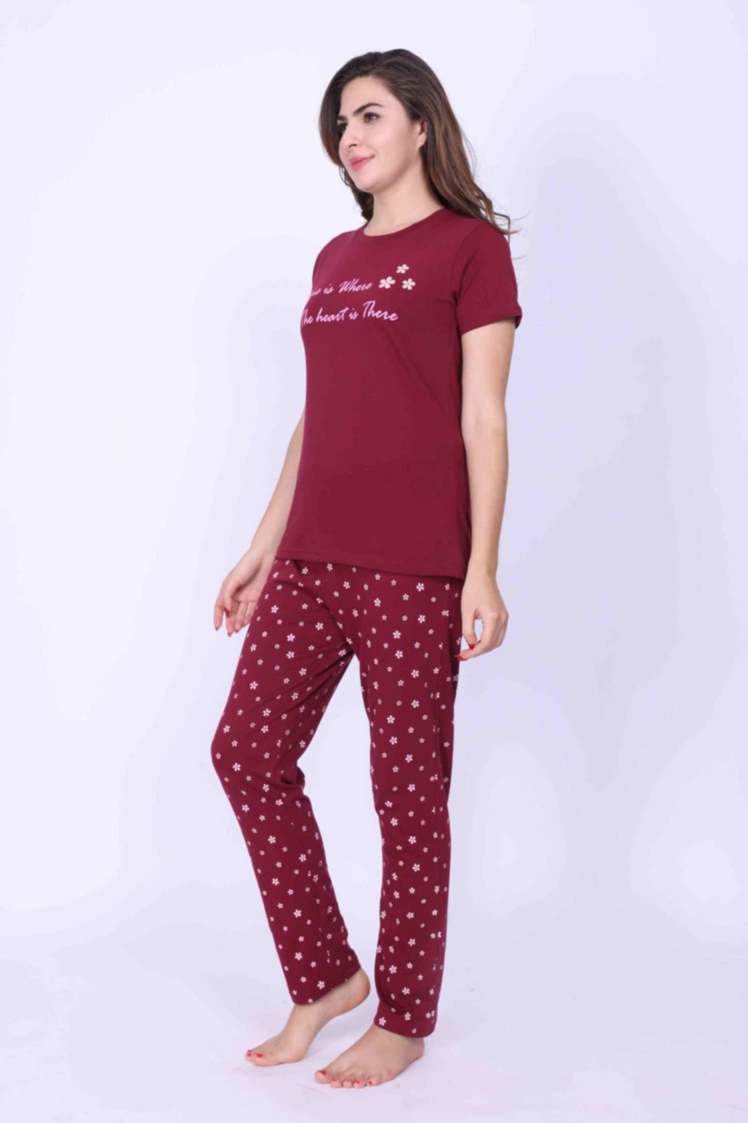 Women Night Dress – Flower Printed Rose Red Top and Matching Pyjama Set - ParrotCrow
