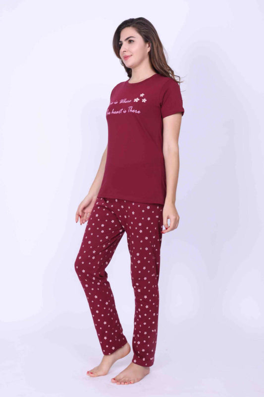 Women Night Dress – Flower Printed Rose Red Top and Matching Pyjama Set - ParrotCrow