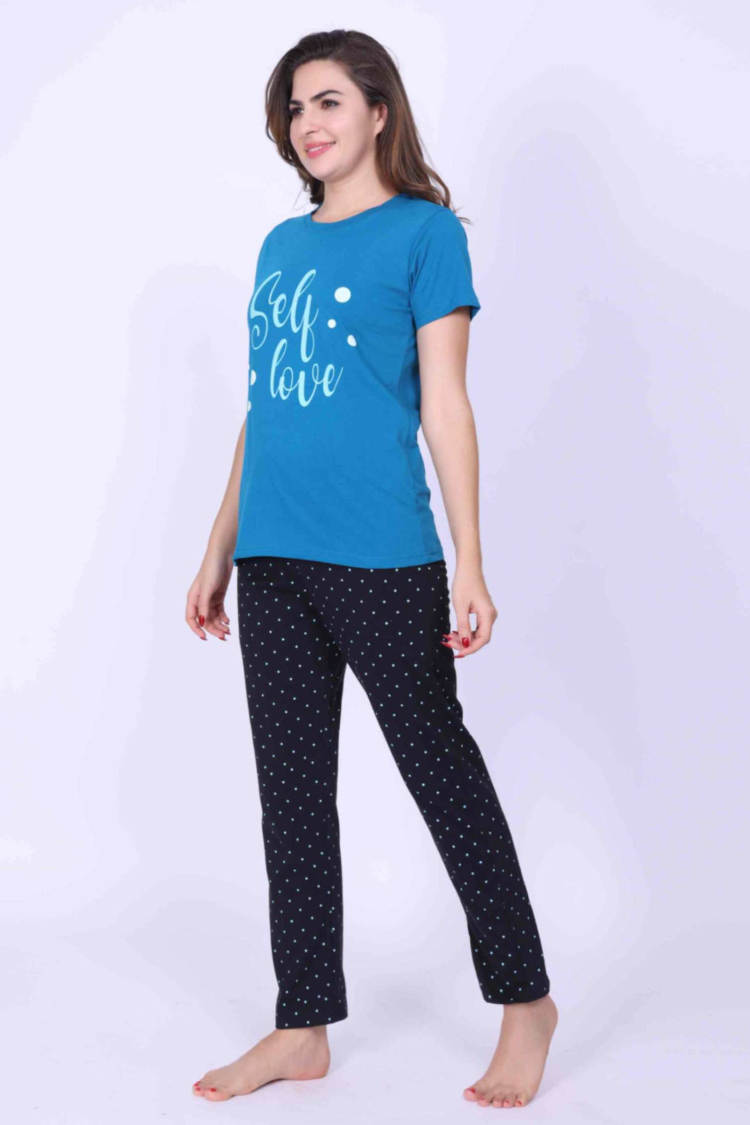 Women Night Suit Blue Color Self Love Printed Top & Dotted Print Grey Pyjama Pant - ParrotCrow
