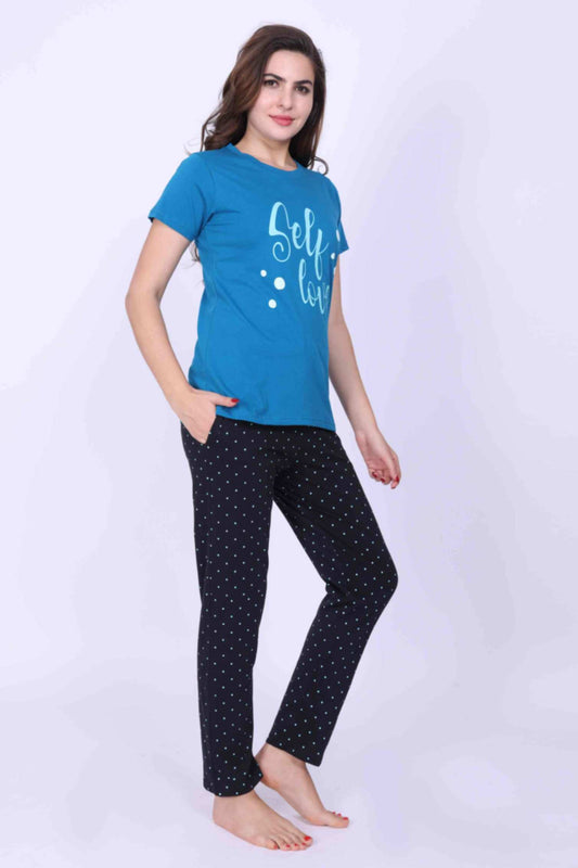Women Night Suit Blue Color Self Love Printed Top & Dotted Print Grey Pyjama Pant - ParrotCrow
