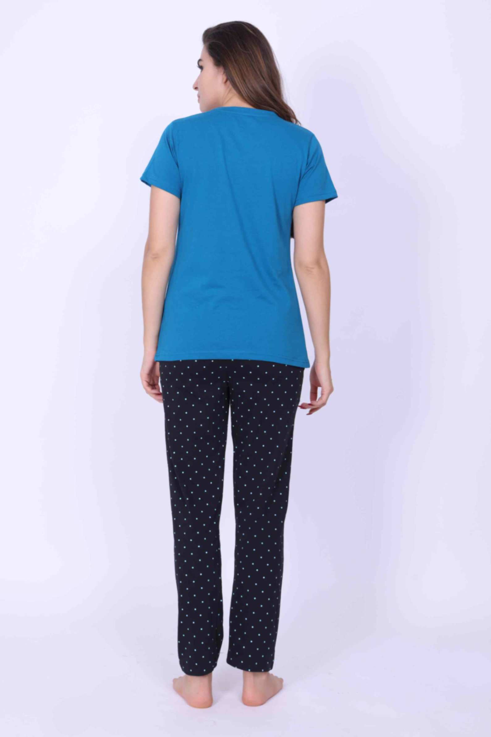 Women Night Suit Blue Color Self Love Printed Top & Dotted Print Grey Pyjama Pant - ParrotCrow
