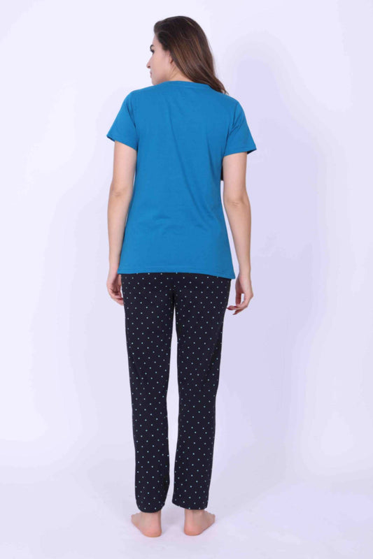 Women Night Suit Blue Color Self Love Printed Top & Dotted Print Grey Pyjama Pant - ParrotCrow