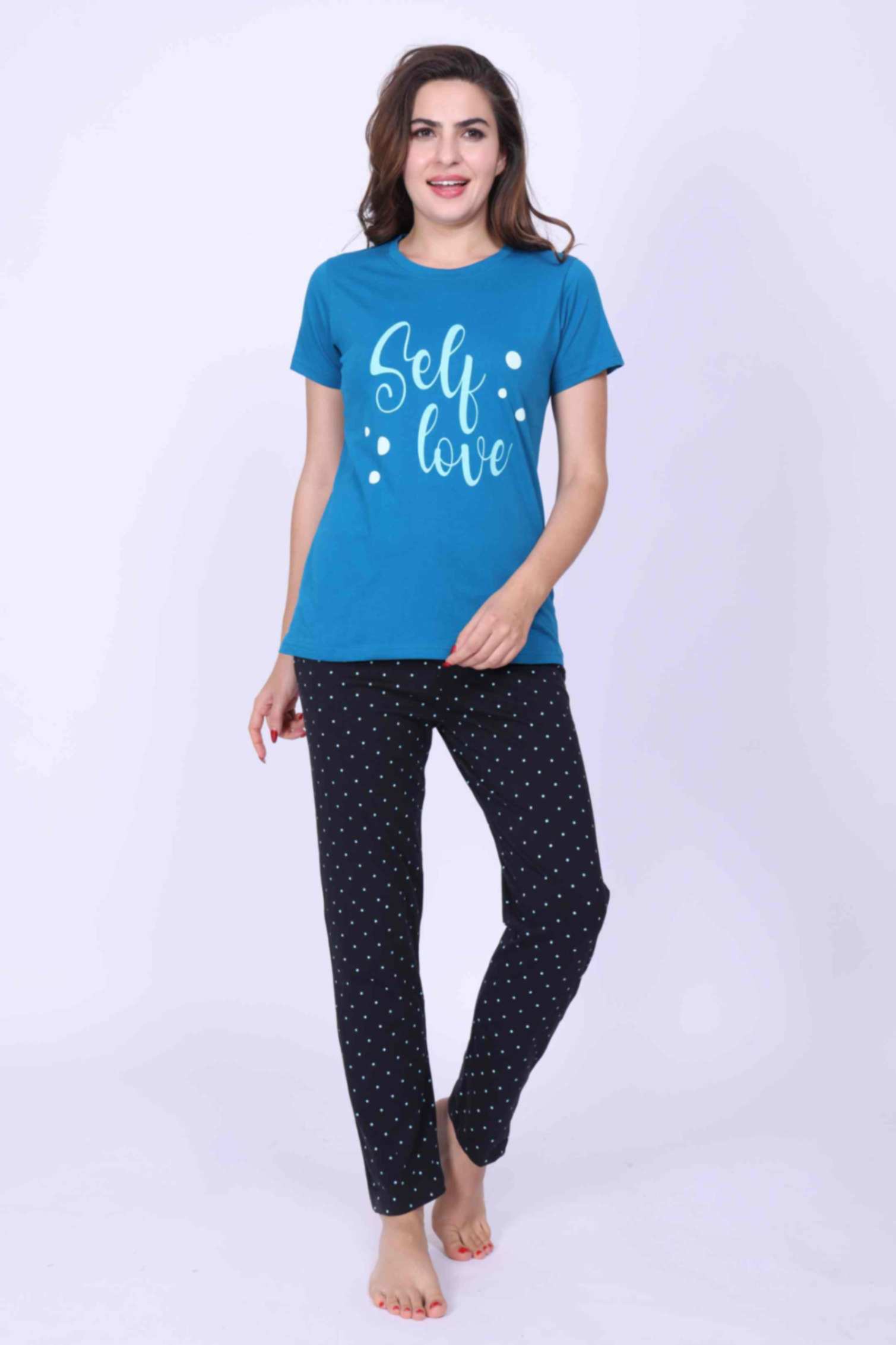 Women Night Suit Blue Color Self Love Printed Top & Dotted Print Grey Pyjama Pant - ParrotCrow