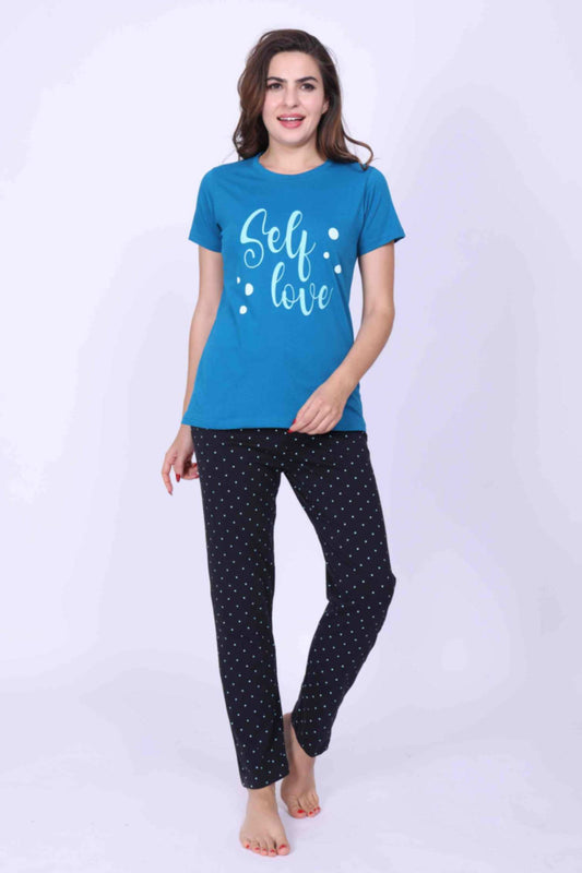 Women Night Suit Blue Color Self Love Printed Top & Dotted Print Grey Pyjama Pant - ParrotCrow