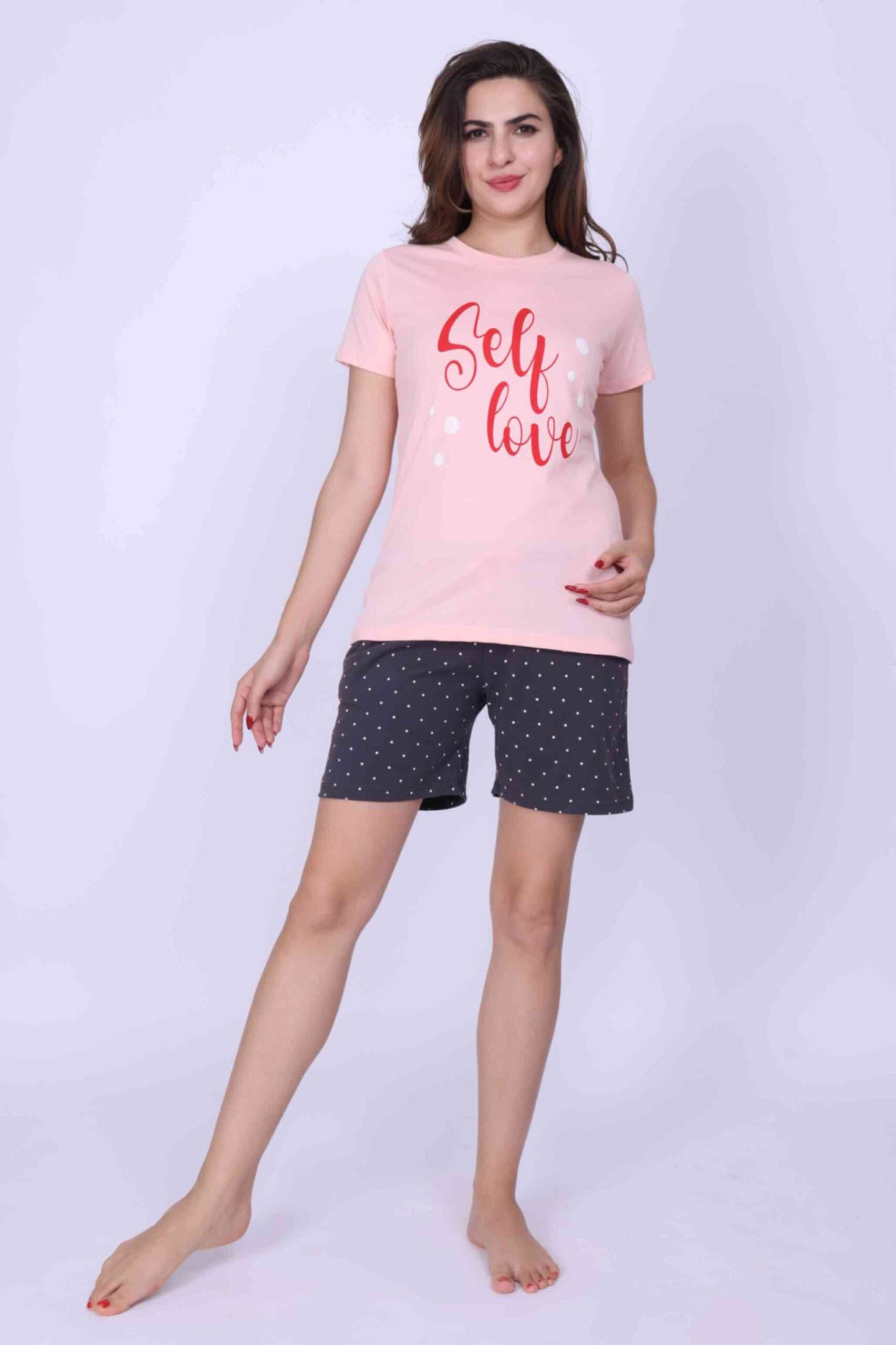 Women Night Suit Blue & Pink Color Printed Top & Pyjama Set With Shorts - ParrotCrow