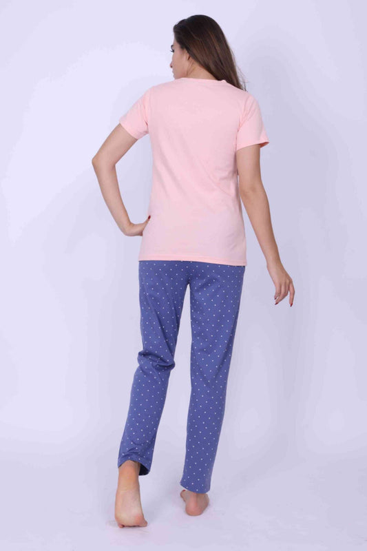Women Night Suit Blue & Pink Color Printed Top & Pyjama Set With Shorts - ParrotCrow
