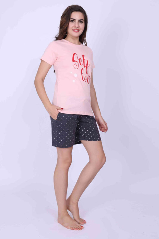 Women Night Suit Blue & Pink Color Printed Top & Pyjama Set With Shorts - ParrotCrow