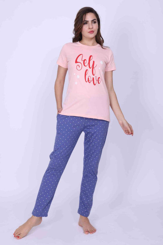 Women Night Suit Blue & Pink Color Printed Top & Pyjama Set With Shorts - ParrotCrow