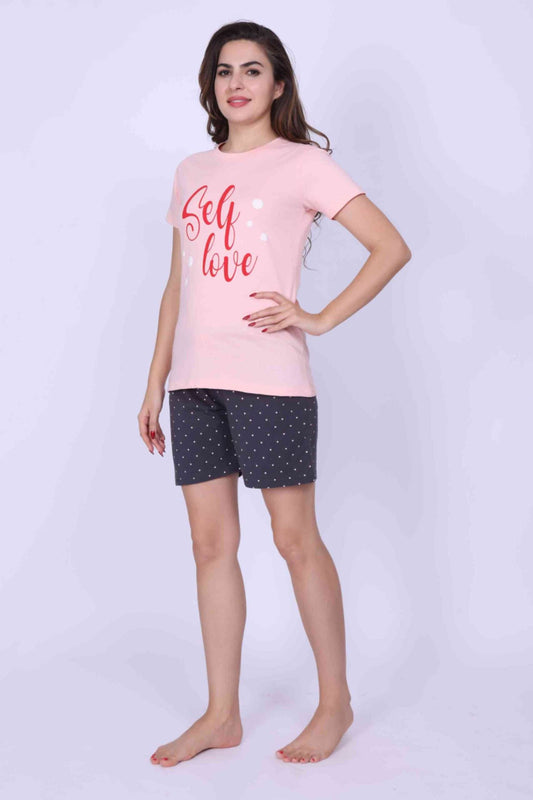 Women Night Suit Blue & Pink Color Printed Top & Pyjama Set With Shorts - ParrotCrow