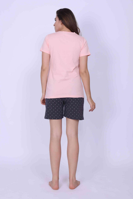 Women Night Suit Blue & Pink Color Printed Top & Pyjama Set With Shorts - ParrotCrow