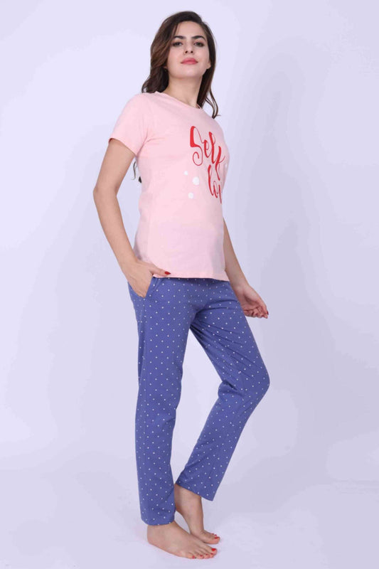 Women Night Suit Blue & Pink Color Printed Top & Pyjama Set With Shorts - ParrotCrow