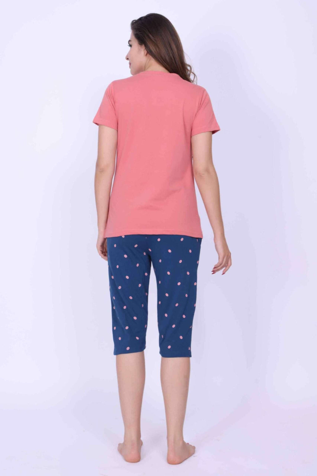 Women Night Suit Give Me Now Printed Pink Top & Blue Color 3/4th Capri Set - ParrotCrow