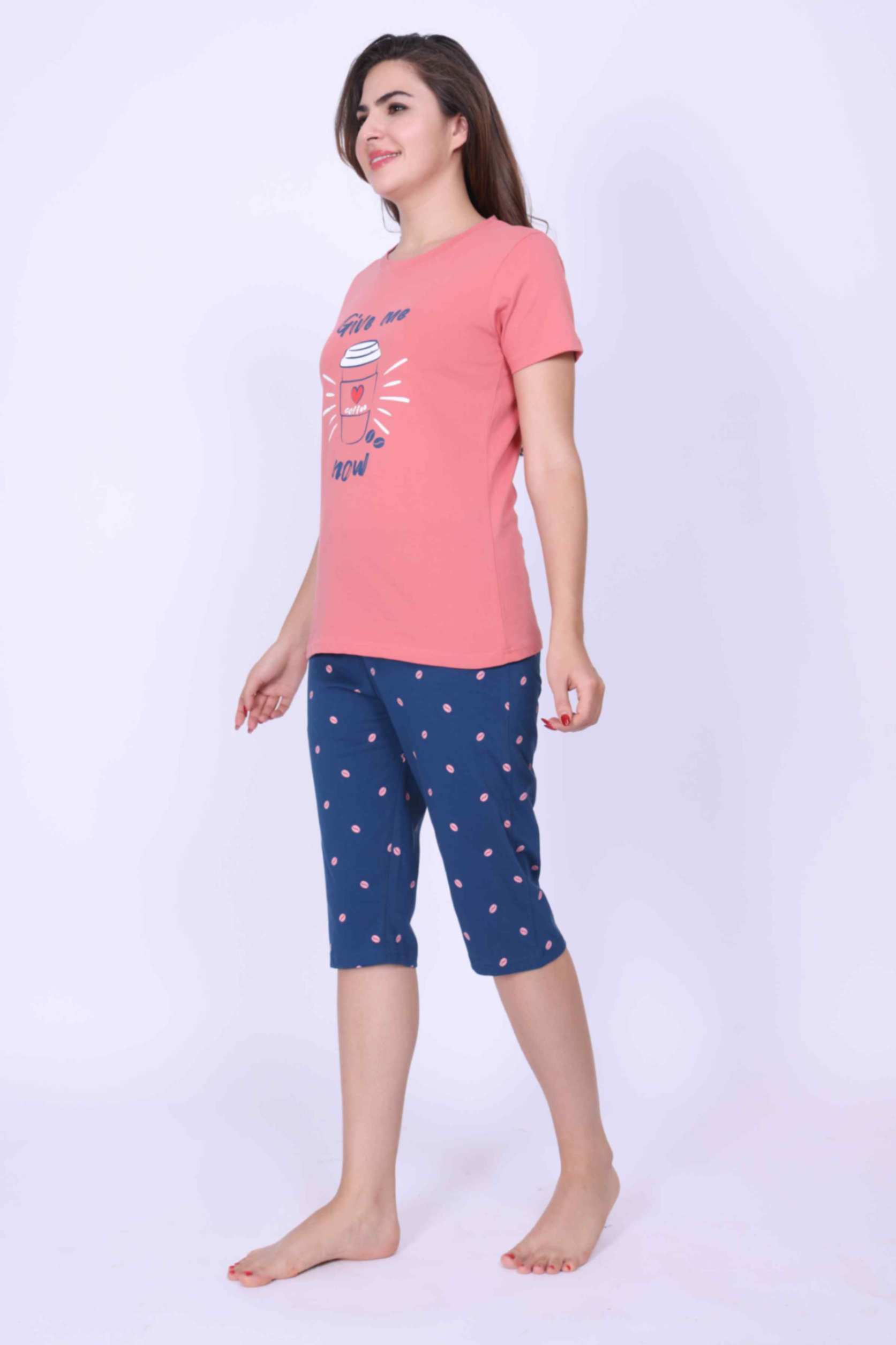 Women Night Suit Give Me Now Printed Pink Top & Blue Color 3/4th Capri Set - ParrotCrow