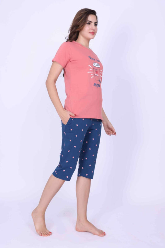 Women Night Suit Give Me Now Printed Pink Top & Blue Color 3/4th Capri Set - ParrotCrow