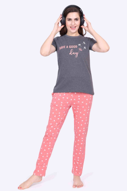Women Night Suit Have a Good Day Printed Top & Mushroom Printed Pink Pyjama Set - ParrotCrow