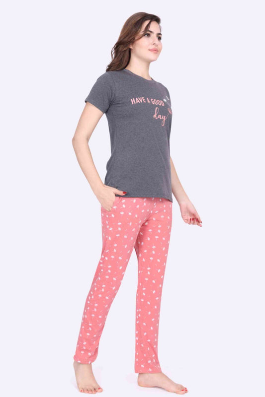 Women Night Suit Have a Good Day Printed Top & Mushroom Printed Pink Pyjama Set - ParrotCrow