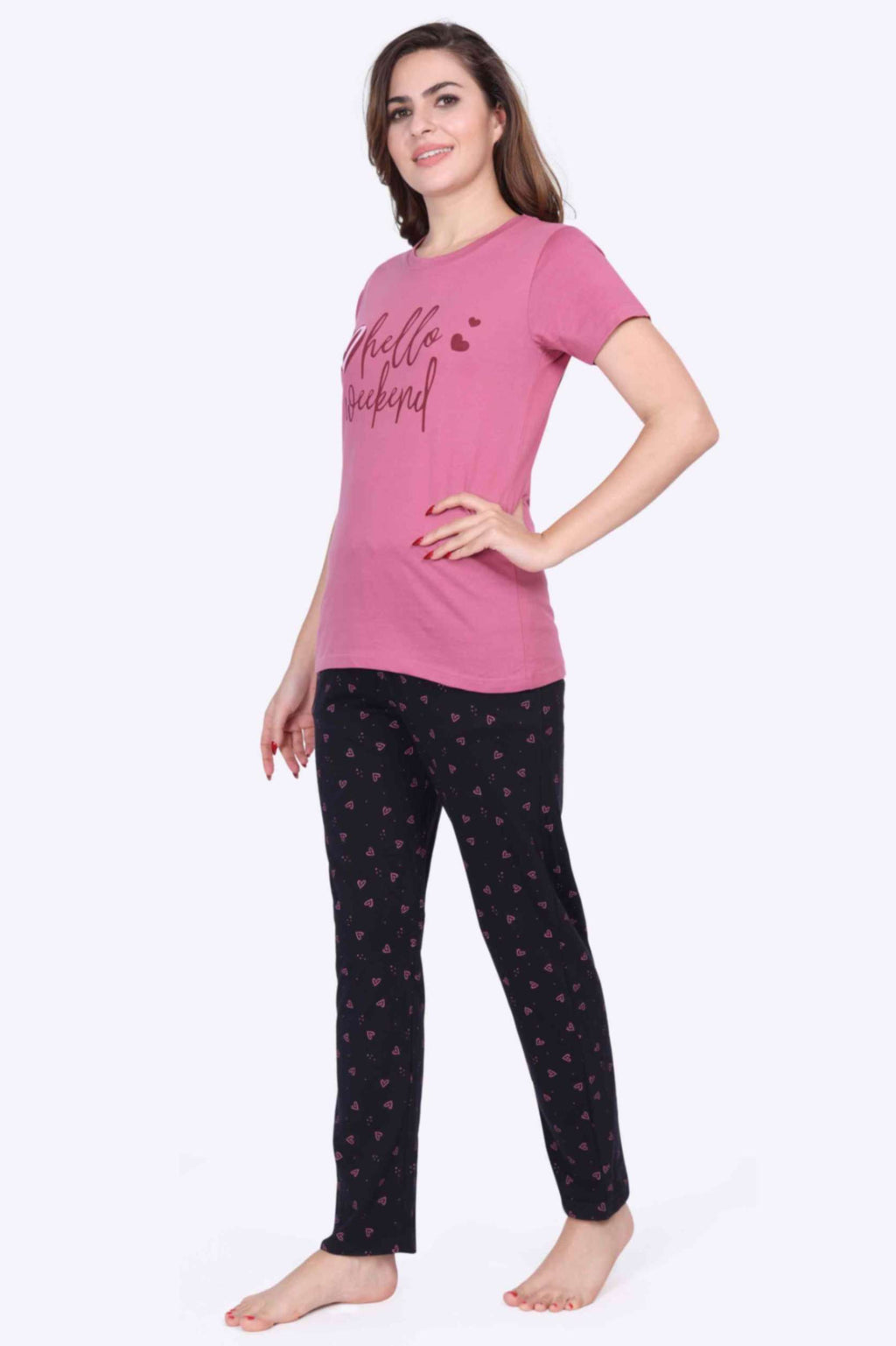Women Night Suit Heart Printed Pink Top & Navy Pyjama Set - ParrotCrow