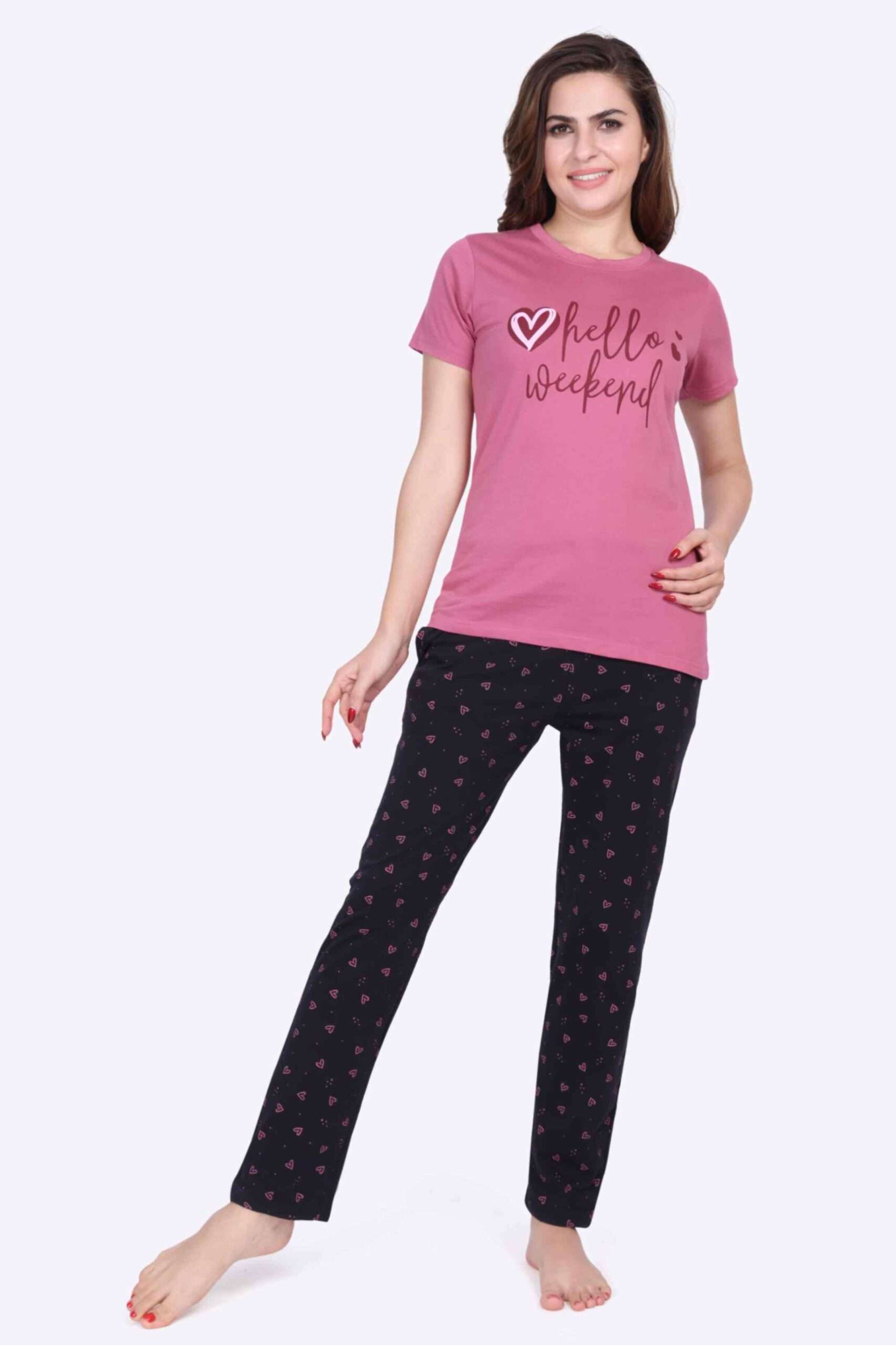 Women Night Suit Heart Printed Pink Top & Navy Pyjama Set - ParrotCrow