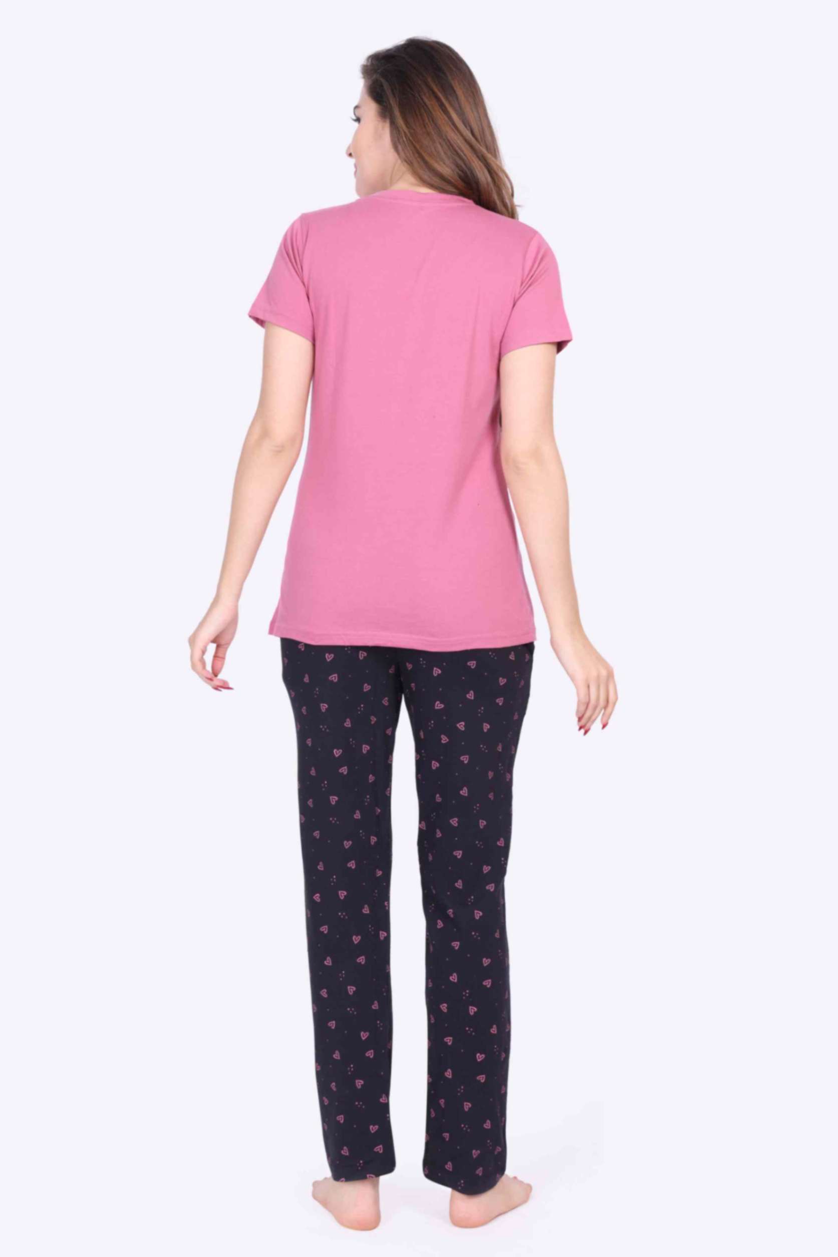 Women Night Suit Heart Printed Pink Top & Navy Pyjama Set - ParrotCrow
