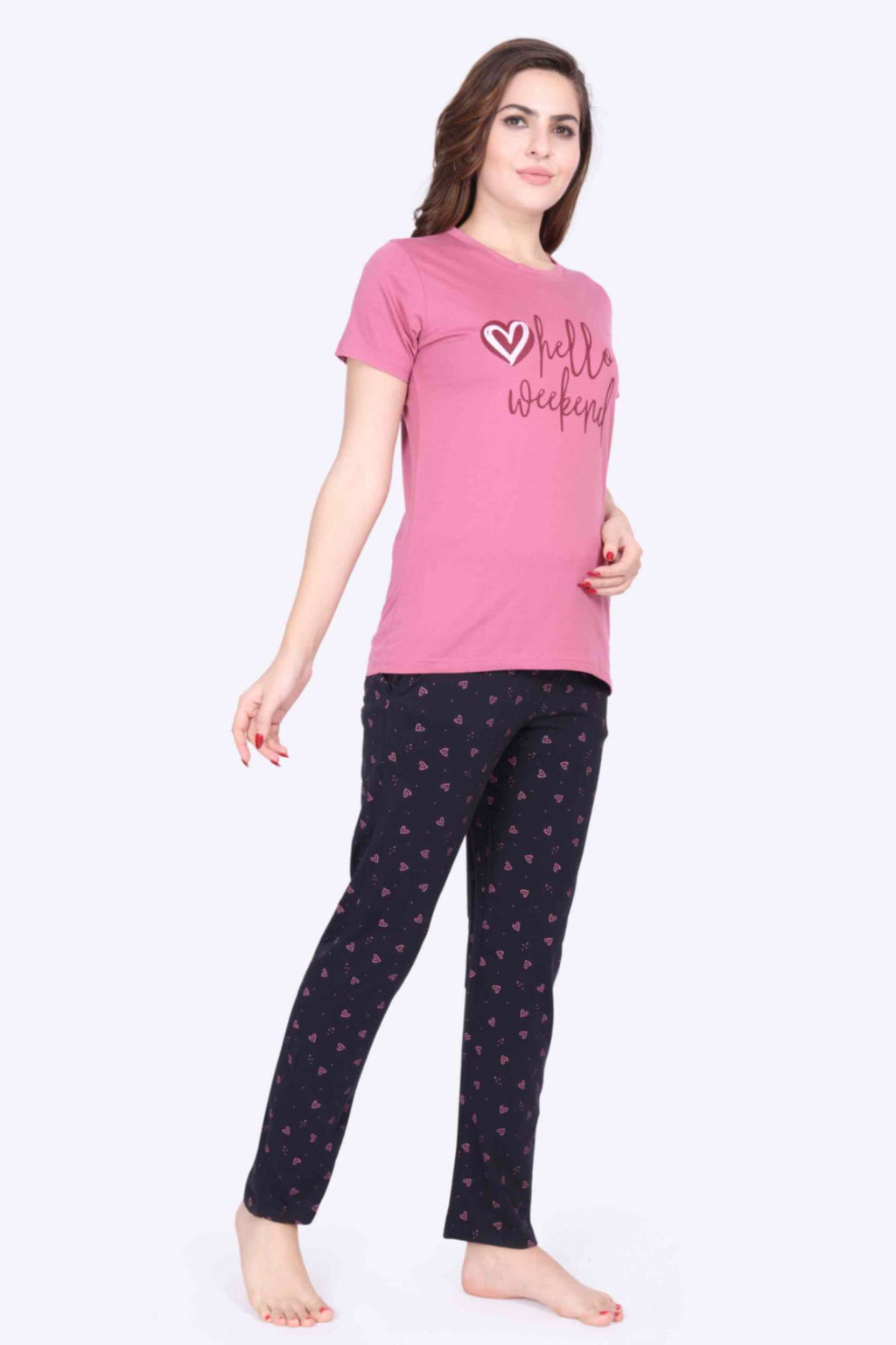 Women Night Suit Heart Printed Pink Top & Navy Pyjama Set - ParrotCrow