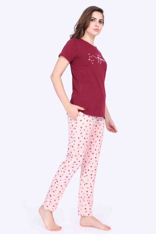 Women Night Suit Hello Gorgeous Printed Red Rose Top & Pink Pyjama Set - ParrotCrow