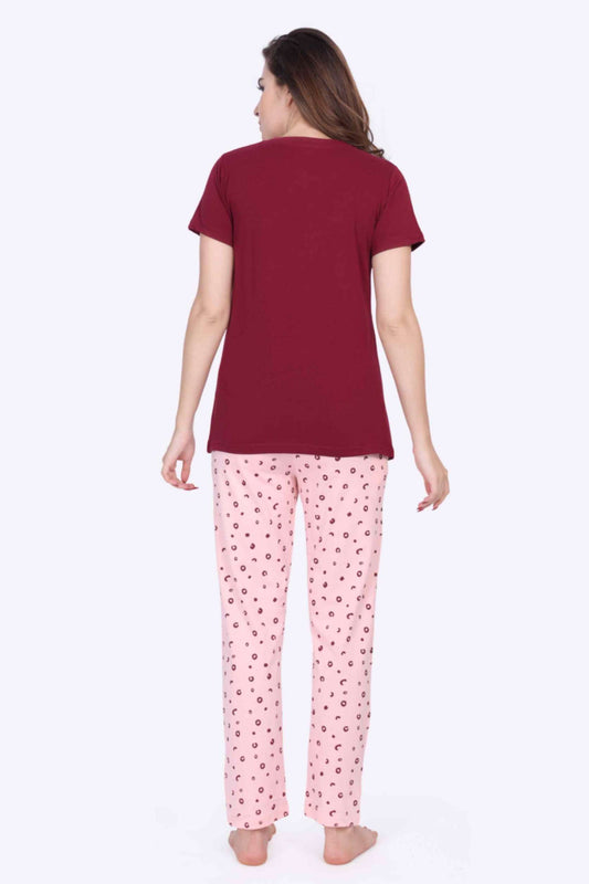 Women Night Suit Hello Gorgeous Printed Red Rose Top & Pink Pyjama Set - ParrotCrow