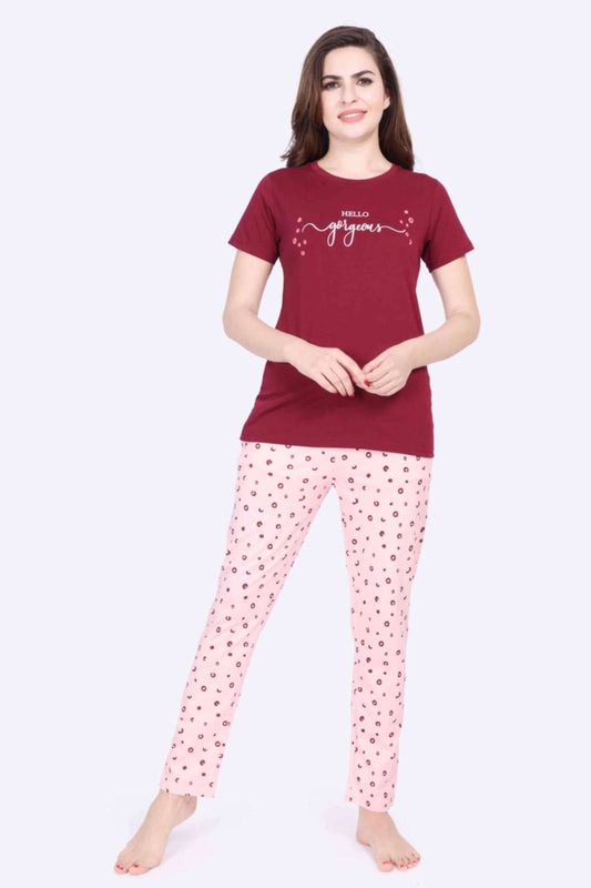 Women Night Suit Hello Gorgeous Printed Red Rose Top & Pink Pyjama Set - ParrotCrow