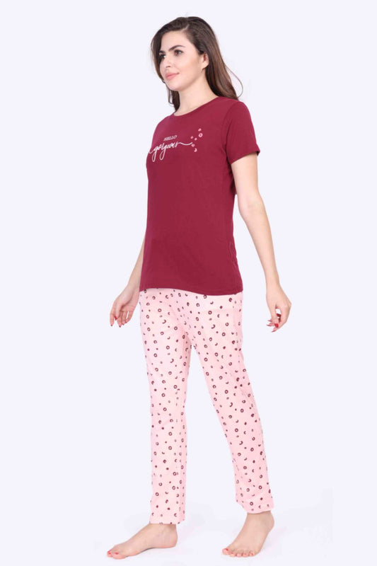 Women Night Suit Hello Gorgeous Printed Red Rose Top & Pink Pyjama Set - ParrotCrow