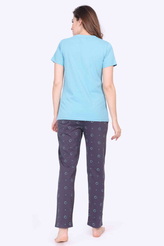 Women Night Suit New Week Loading Printed Sky Blue Top & Grey Color Pyjama Set - ParrotCrow