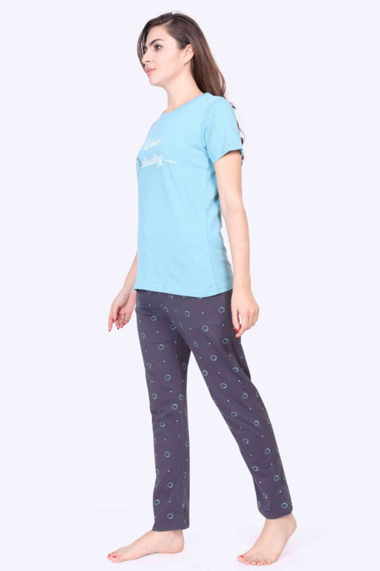 Women Night Suit New Week Loading Printed Sky Blue Top & Grey Color Pyjama Set - ParrotCrow