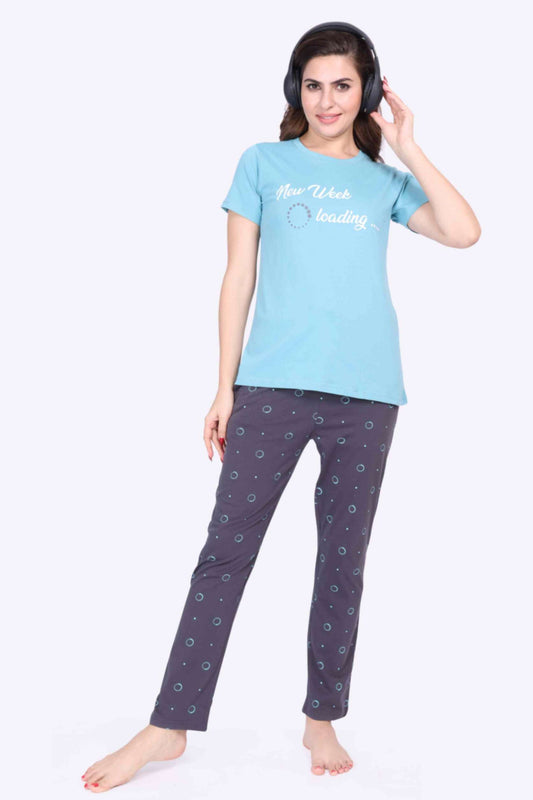Women Night Suit New Week Loading Printed Sky Blue Top & Grey Color Pyjama Set - ParrotCrow