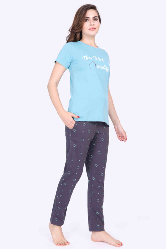 Women Night Suit New Week Loading Printed Sky Blue Top & Grey Color Pyjama Set - ParrotCrow