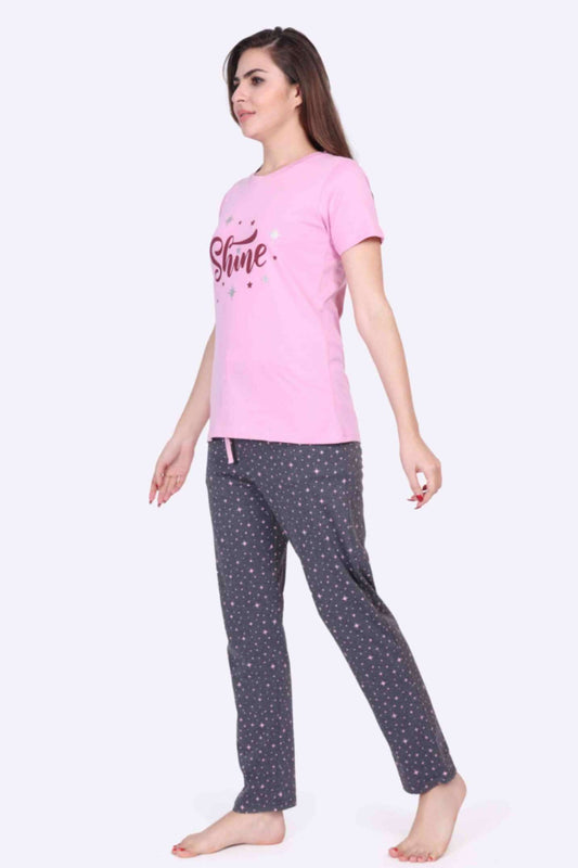Women Night Suit Printed Pink Color Top & Star Printed Dark Grey Pyjama Set - ParrotCrow