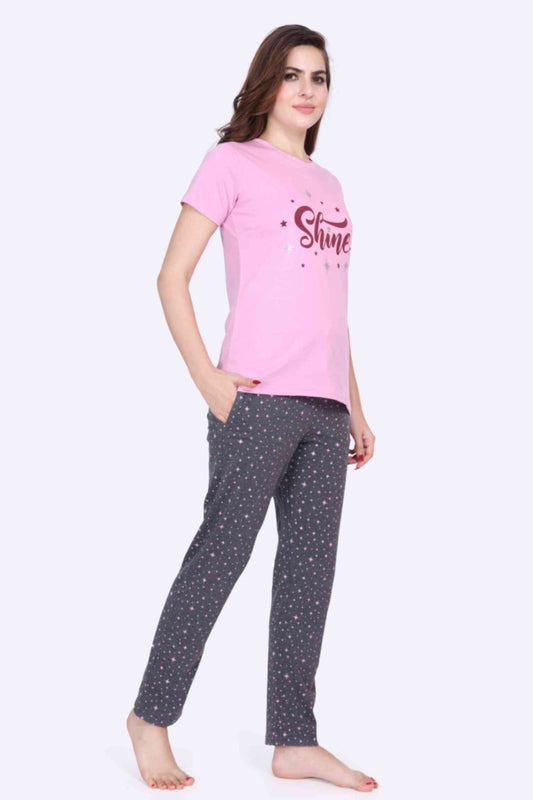 Women Night Suit Printed Pink Color Top & Star Printed Dark Grey Pyjama Set - ParrotCrow